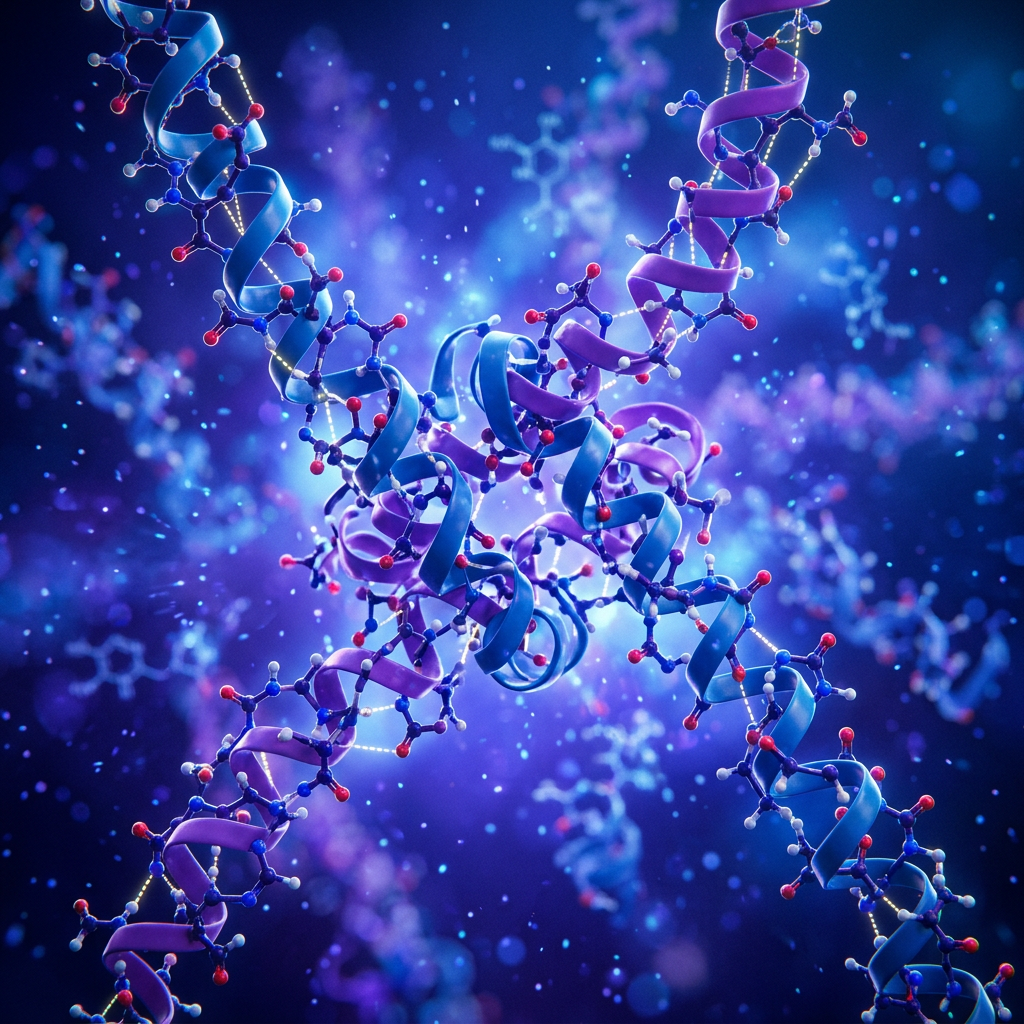 Intertwined DNA double helices showing molecular bonds and atoms