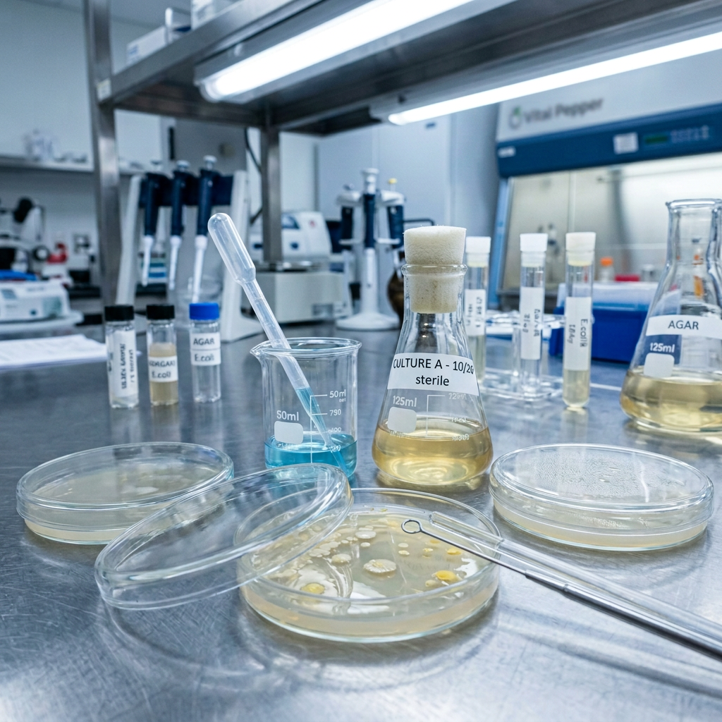 Laboratory bench with petri dishes, culture flasks labeled sterile and AGAR, test tubes, and pipette in microbiology lab